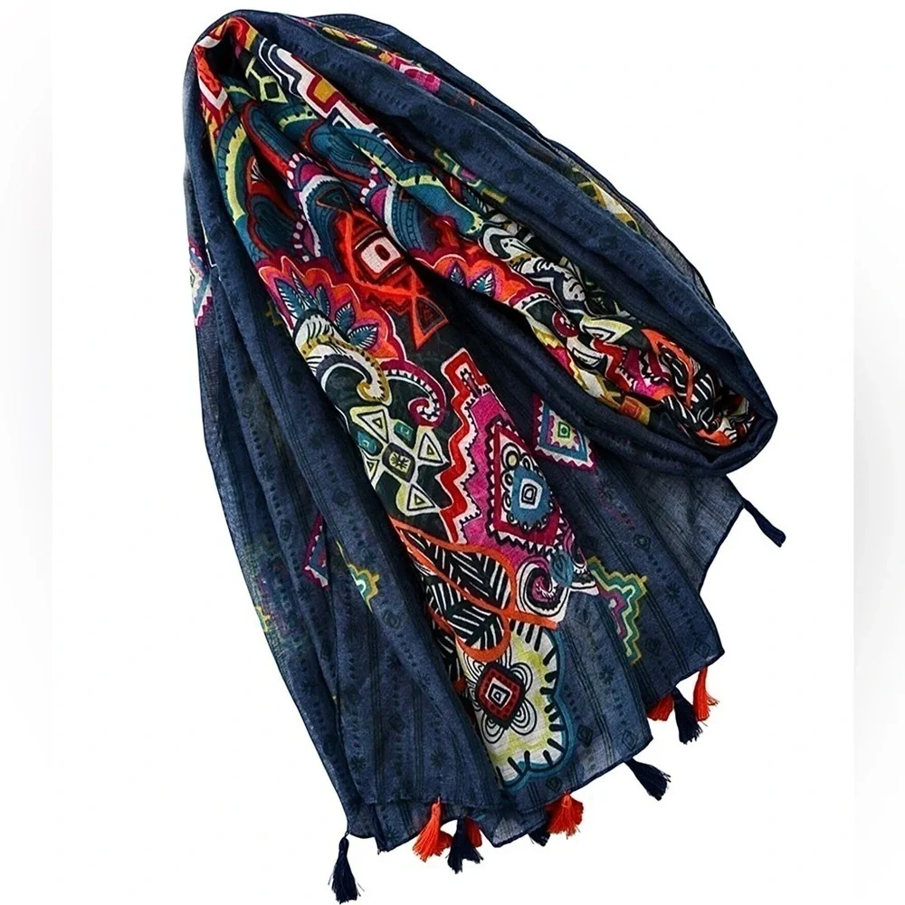 Paisley Print Scarf Aztec Accents Fringe Navy Multicolored Long 36” x 70” New!